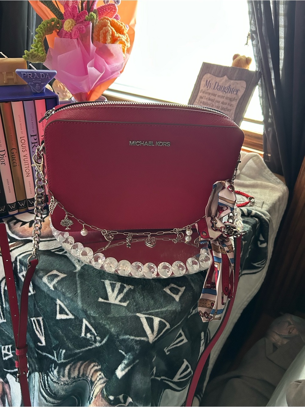 Michael Kors Pink-Red Leather Crossbody with Chain & Scarf Accent